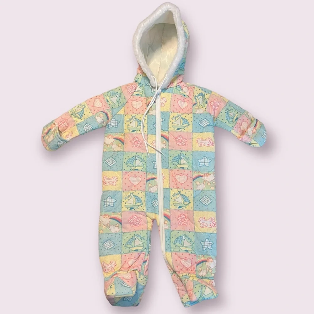 Vintage Baby Bunting Snowsuit 0-6 months Patchwork Pastel Colors Please Read